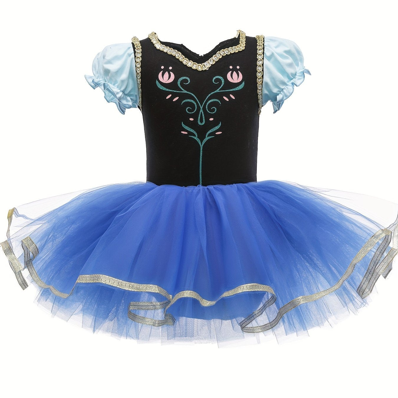 Girls Floral Embroidery Tulle Tutu Mesh Puff Sleeve Princess Ballet Dance Dress