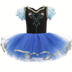 Girls Floral Embroidery Tulle Tutu Mesh Puff Sleeve Princess Ballet Dance Dress
