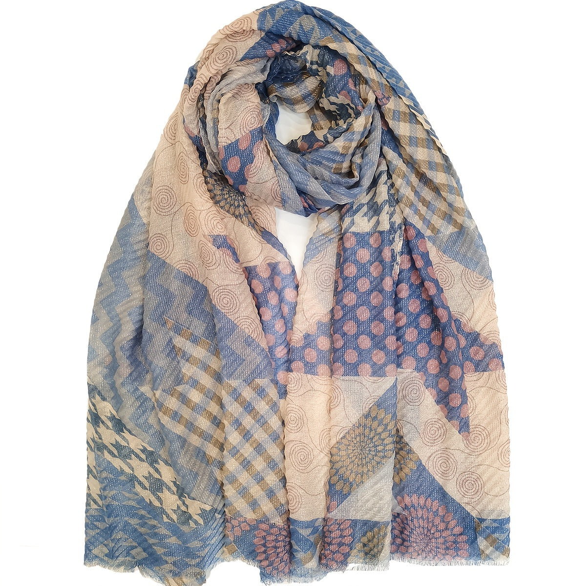Crinkle Scarf Houndstooth Dot Print Voile Shawl Frayed Edge Head Wrap