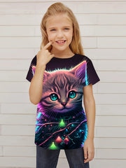 Cat Graphic Short Sleeve T shirt for Girls Summer Gift Sports