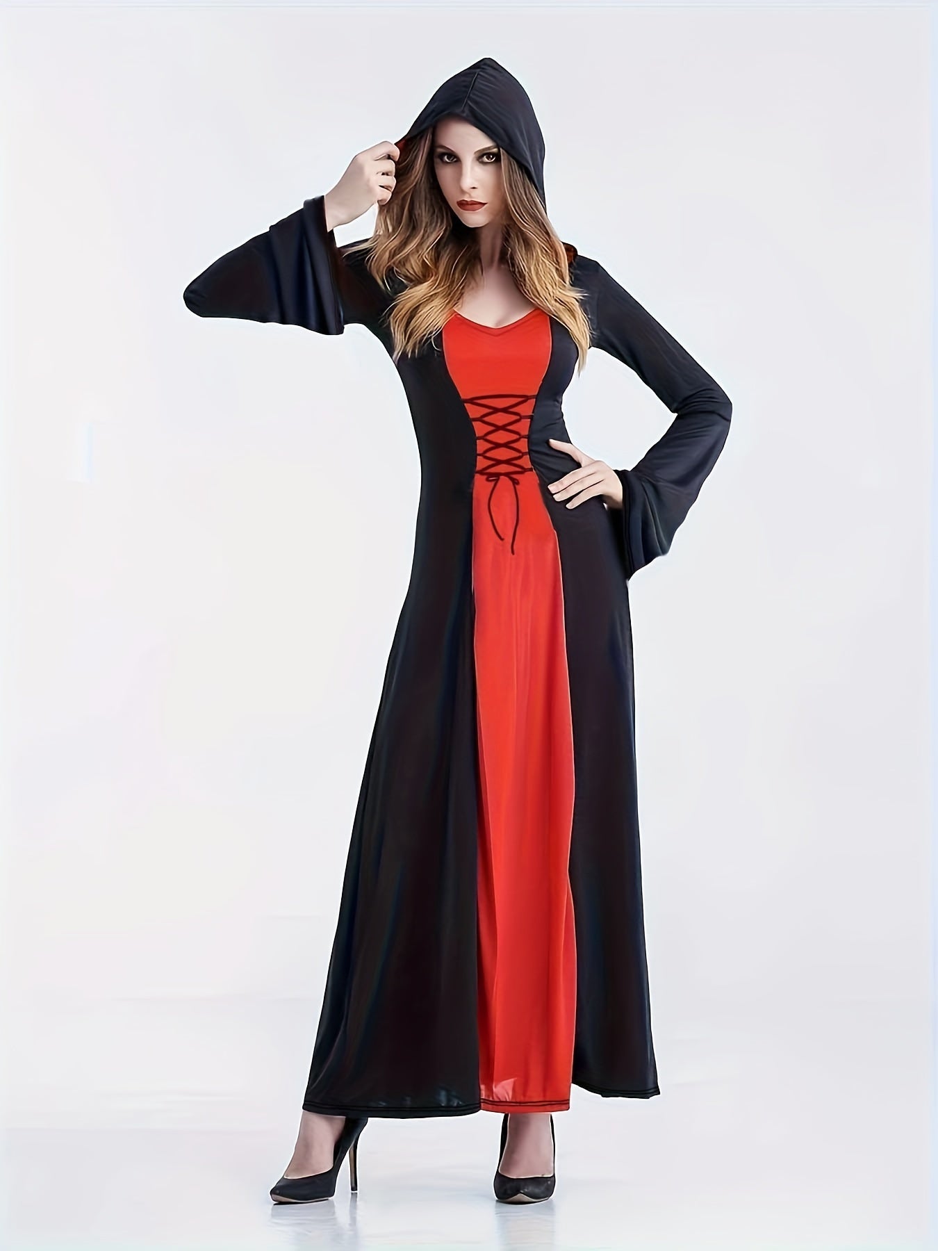 Colorblock Lace Up Bell Sleeve Hooded Maxi Dress