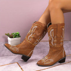 Women's Chunky Western Boots Embroidered Slip On Cowgirl Shoes