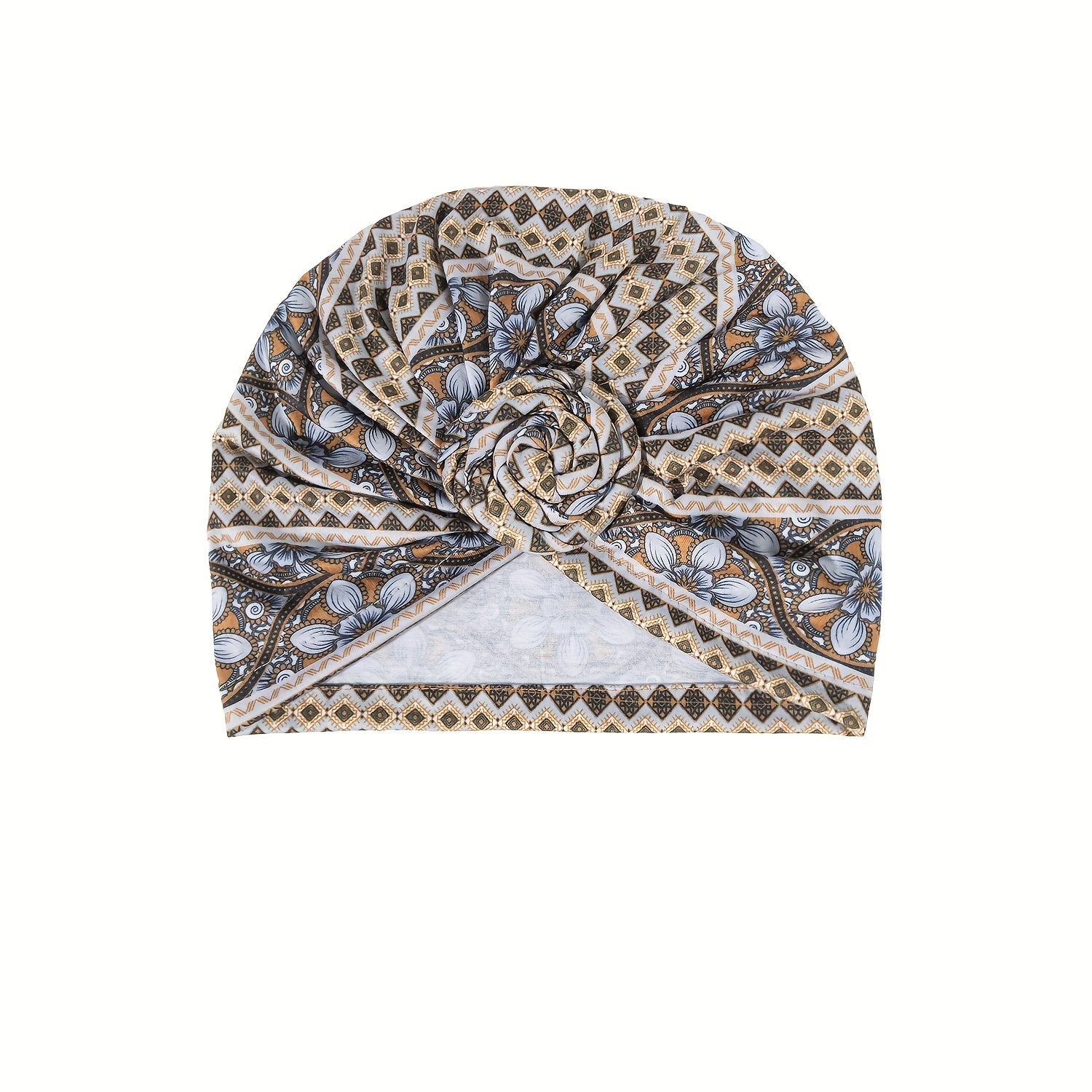 Boho Print Pleated Turban Floral Beanie Pre Tied Front Knot Elastic Head Wrap