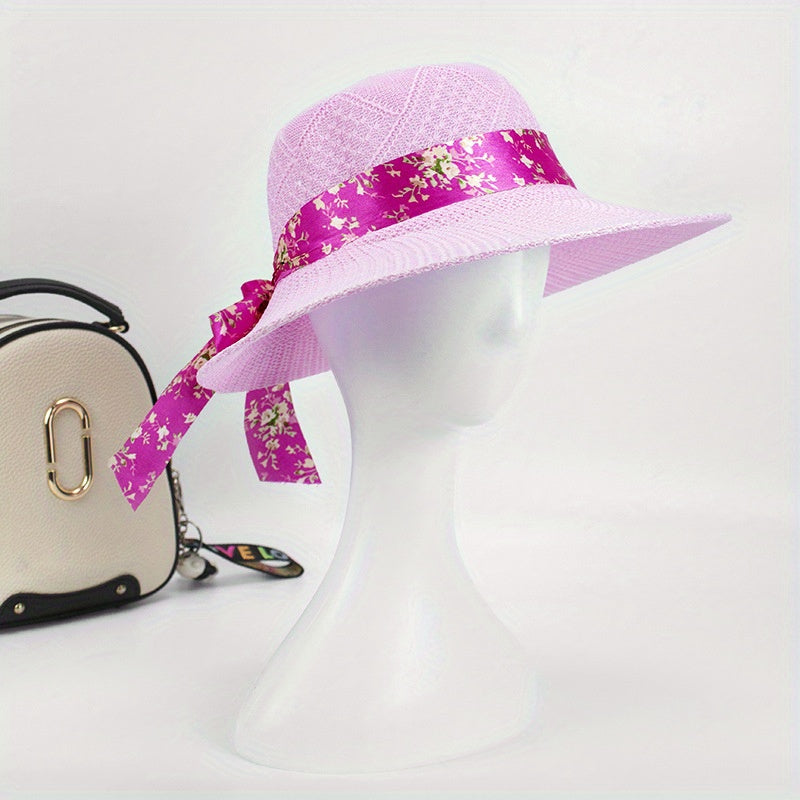 Knitted Bucket Hat Flower Ribbon Decor Sun Hats Breathable