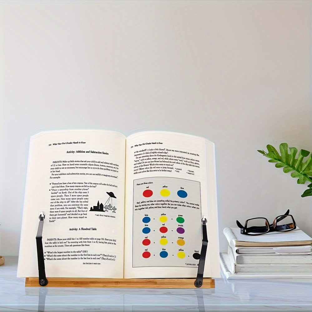 Bamboo Book Stand Adjustable Holder Tray Page Clips Cookbook Reading Desk