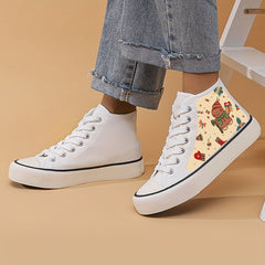 Christmas Cartoon Print Chunky Canvas Sneakers High Top Skate Shoes