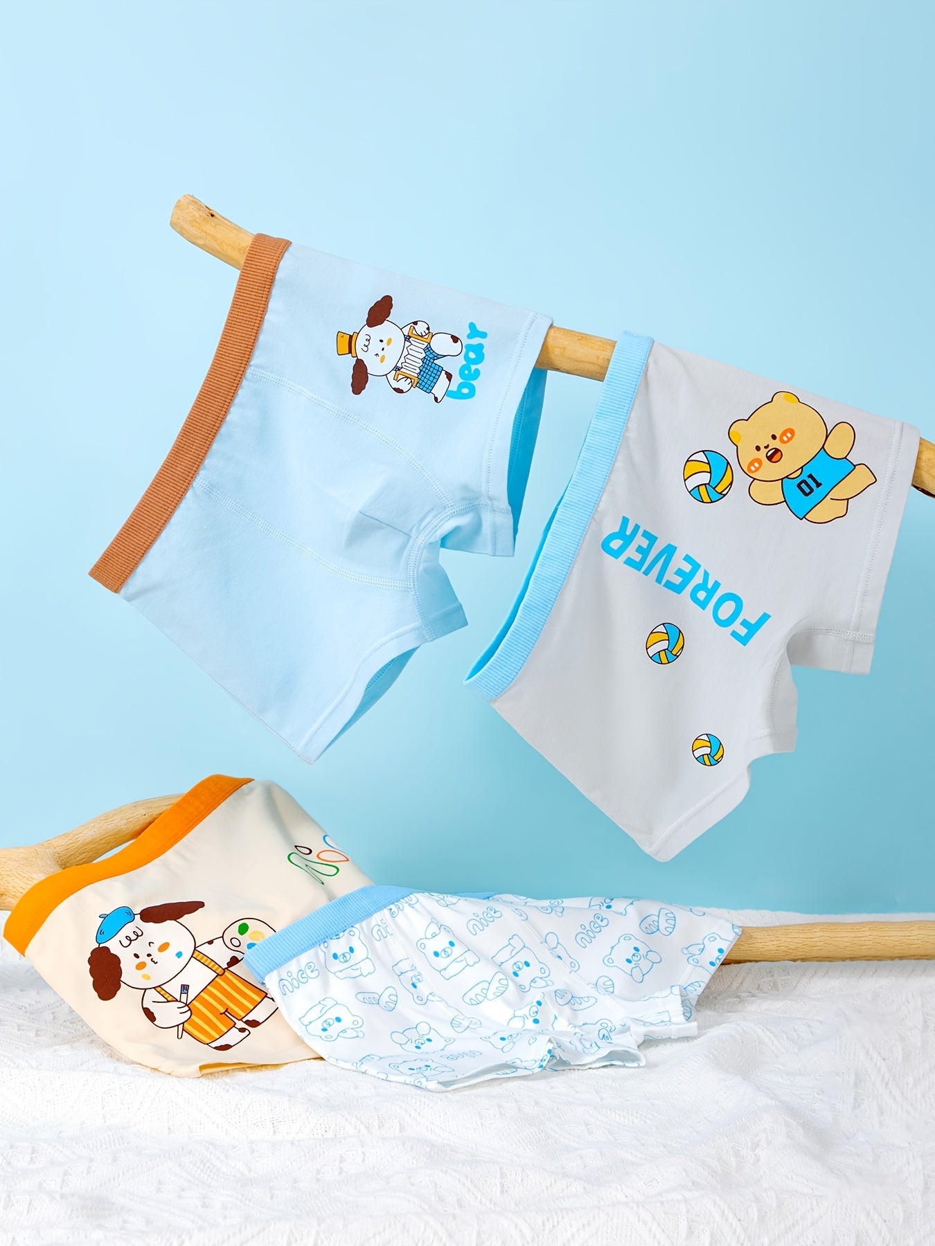 4pcs Boy's Cotton Boxer Briefs Cartoon Sports Boy Print Elastic Waist Shorts