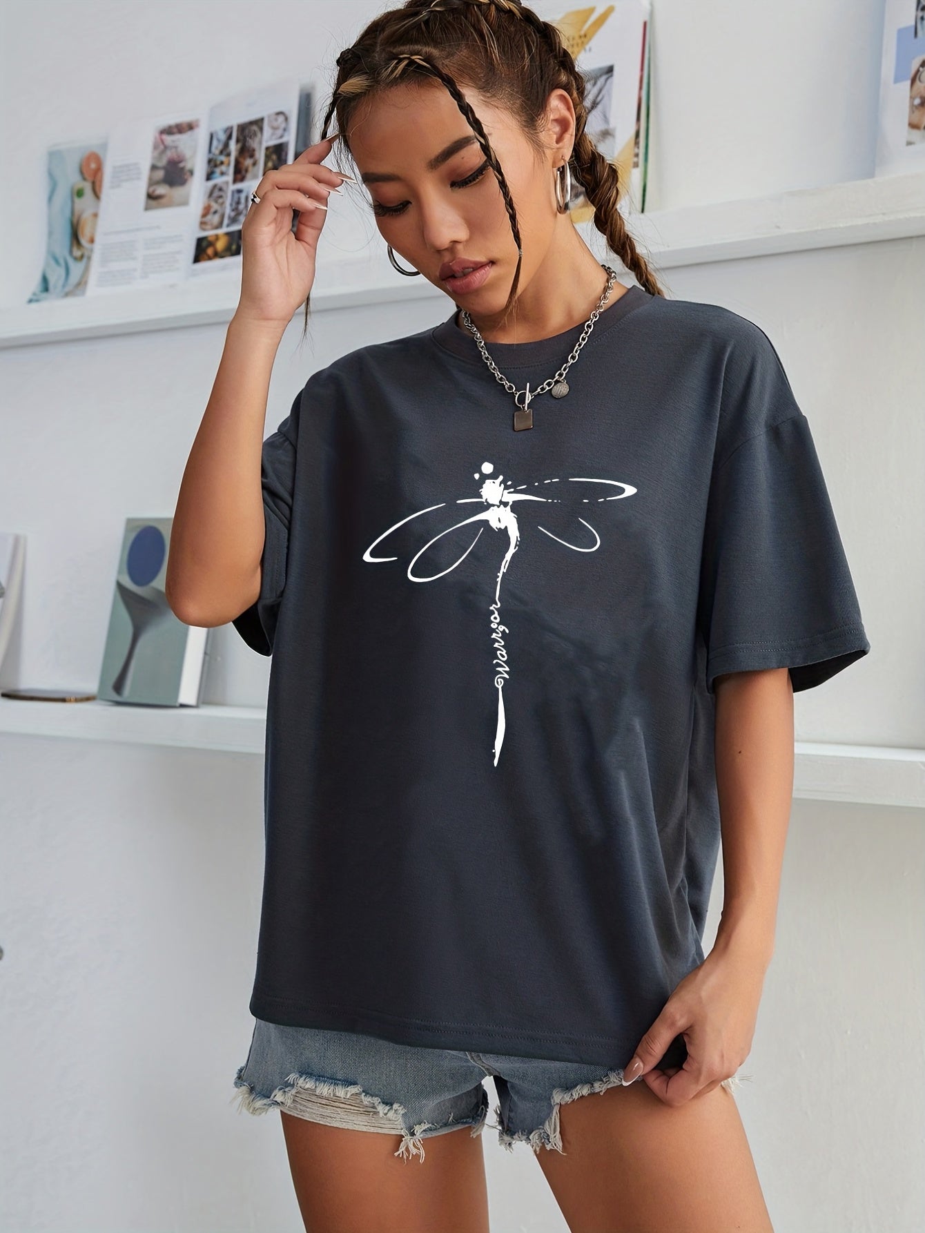 Dragonfly Graphic Casual Loose Sports Top Women's Summer Tops