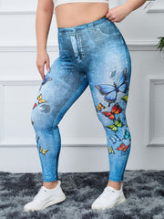 Plus Size Butterfly & Denim Print High Rise Leggings Women's Plus