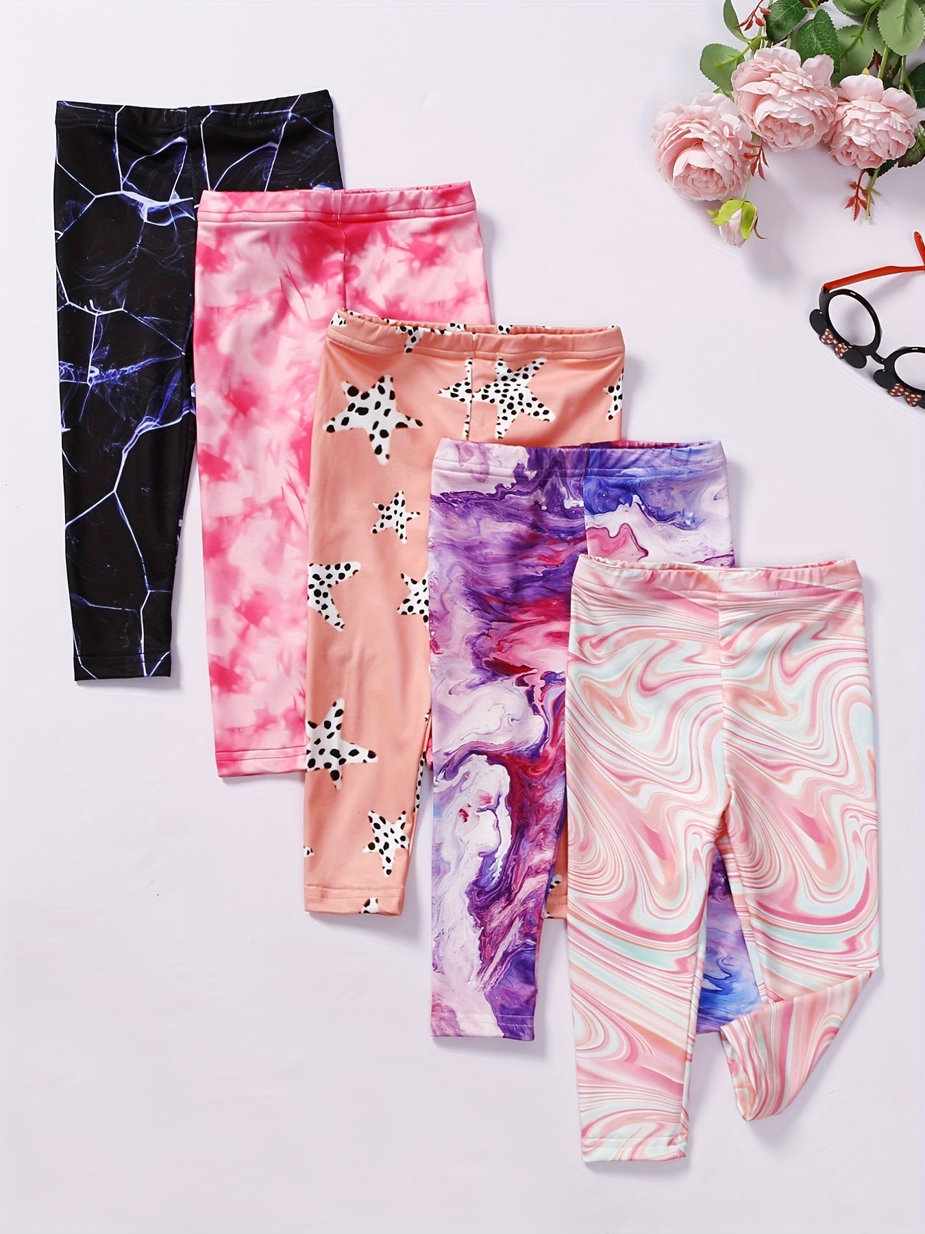 5pcs Girls' Stretch Tie Dye Footless Leggings for Trendy Style