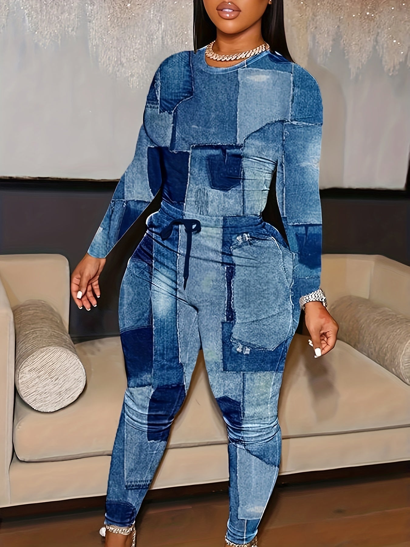 Denim Print Long Sleeve Crop Top & Leggings Set