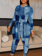 Denim Print Long Sleeve Crop Top & Leggings Set