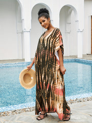 Tie Dye Striped Bat Sleeve V Neck Beach Cover Up