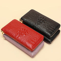 Cowhide Leather Crocodile Embossed Wallet Long Zipper Clutch