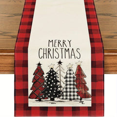Linen Merry Christmas Table Runner Christmas Tree Print Holiday Decor