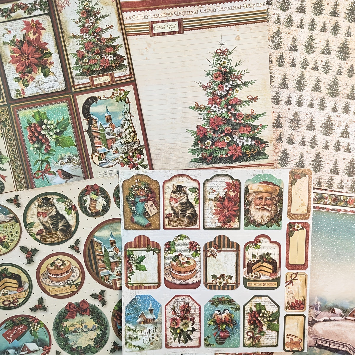 Vintage Merry Christmas Santa Claus Scrapbook Papers - 12pcs Pack