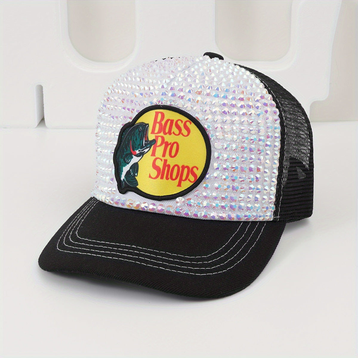 Fish Printed Patch Baseball Cap Rhinestone Block Mesh Breathable Trucker Hat
