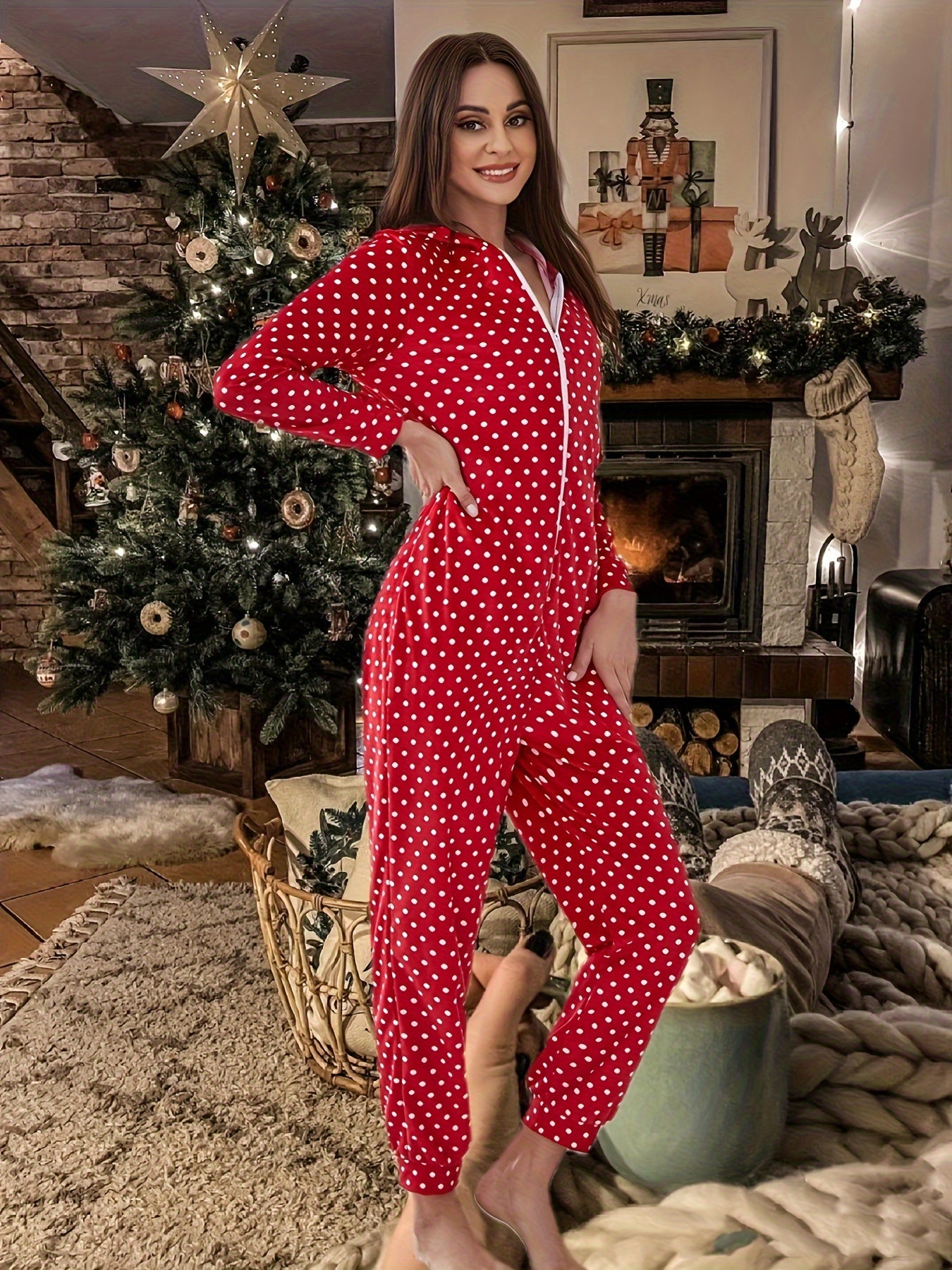 Christmas Elk Hooded Jumpsuit Polka Dot Loungewear