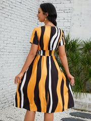 Striped Shirred Waist Dress V Neck Short Sleeve Women's Clothing