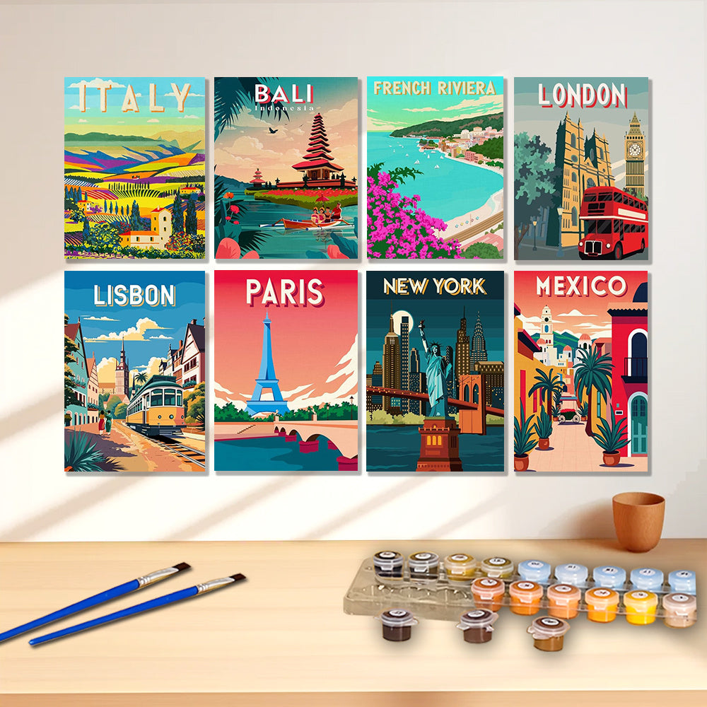 8pcs Scenic Towns Under Buildings 40 64x50 Frameless DIY Acrylic Painting Kit