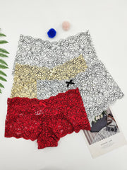 4 Pcs Lace Boyshort Panties Scalloped Trim Bow Tie Women's Lingerie