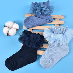 Girls Mesh Stitching Knit Lace Crew Socks for Autumn and Winter