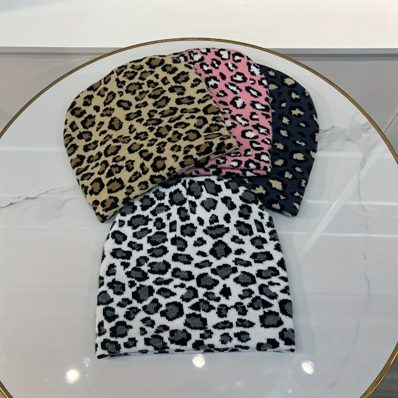 Leopard Jacquard Ear Protection Sport Knit Beanie Hat