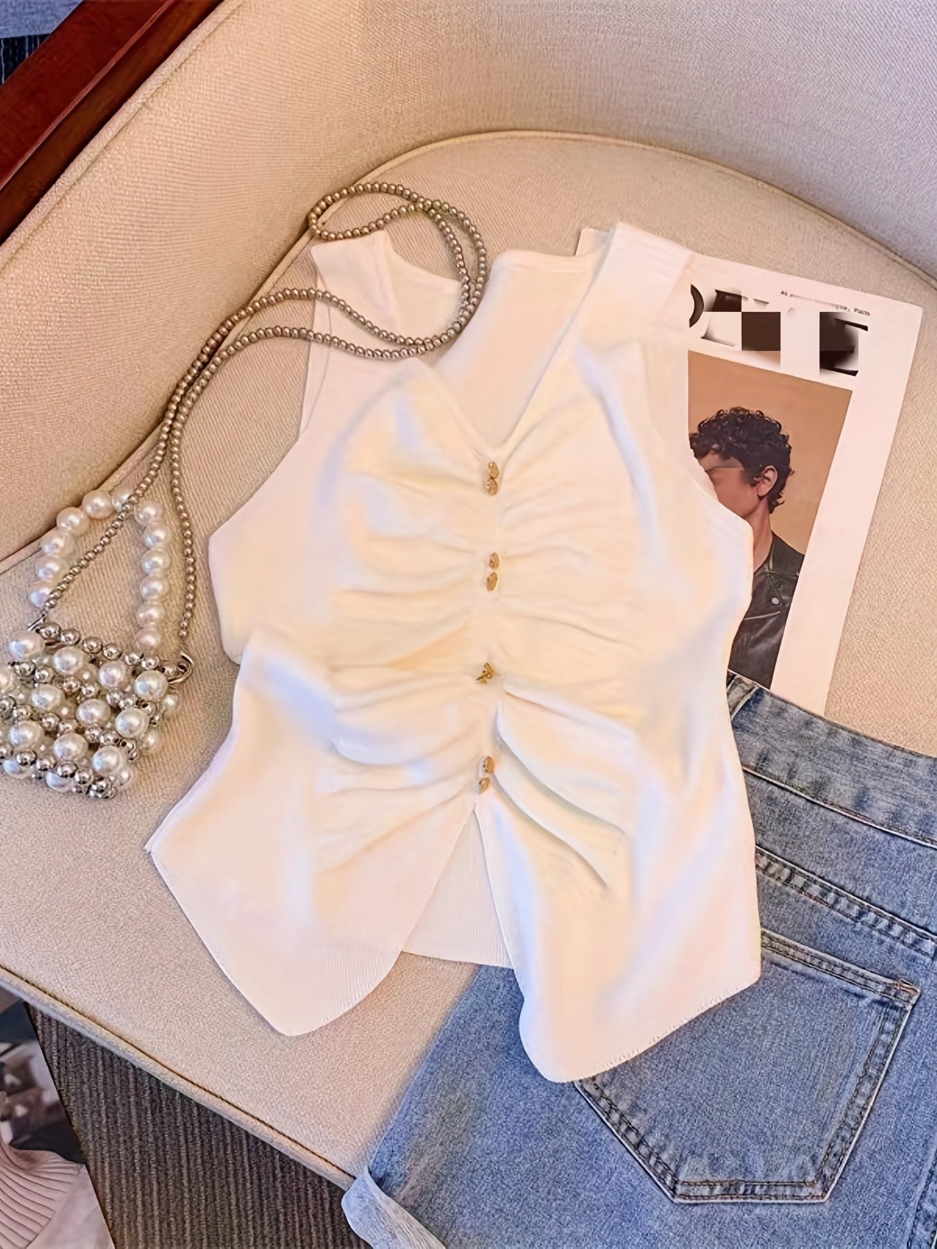 V Neck Tank Top Sleeveless Solid Button Front Tank