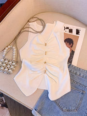 V Neck Tank Top Sleeveless Solid Button Front Tank