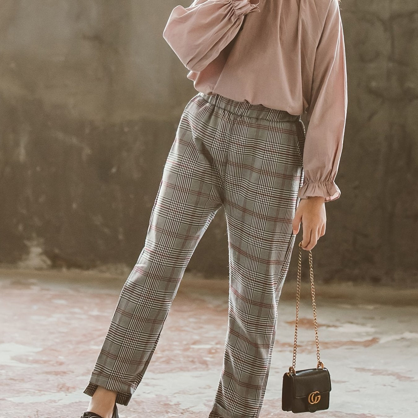 Girls Ruffled Turtleneck Top & Plaid Pants Set
