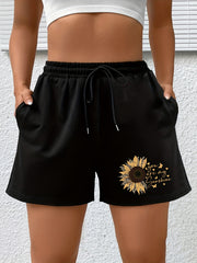 Sunflower & Letter Print High Rise Shorts