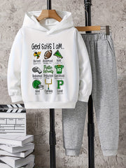 2pcs Boys Football Print Hoodie & Solid Sweatpants Set