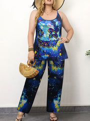 Gothic Halloween Outfit Set Women's Skull Print Cami Top & Tie Pants