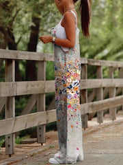 Graffiti Print Wide Leg Jumpsuit Spaghetti Strap Sleeveless