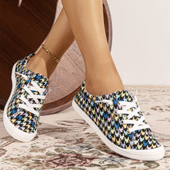 Women's Colored Houndstooth Canvas Shoes Lace Up Flat Sneakers