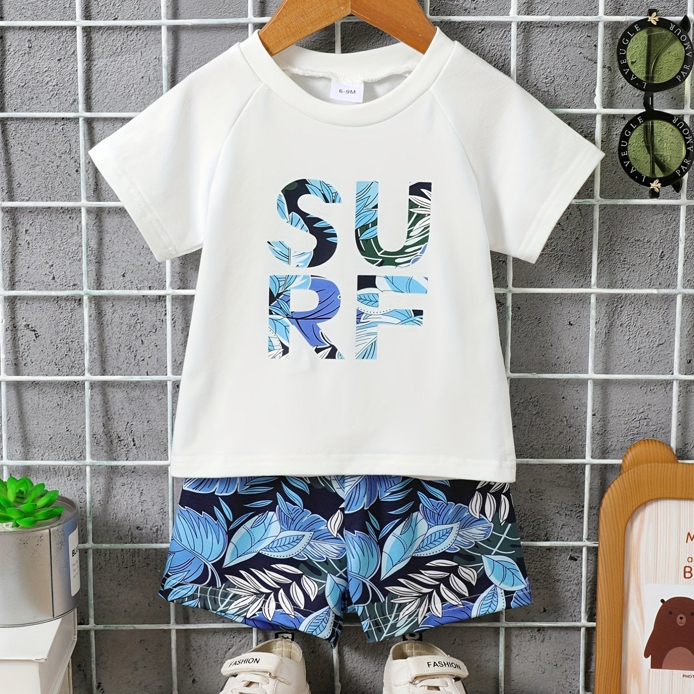 Baby Boys Hawaii Style SURF T-shirt & Leaf Shorts Set for Summer