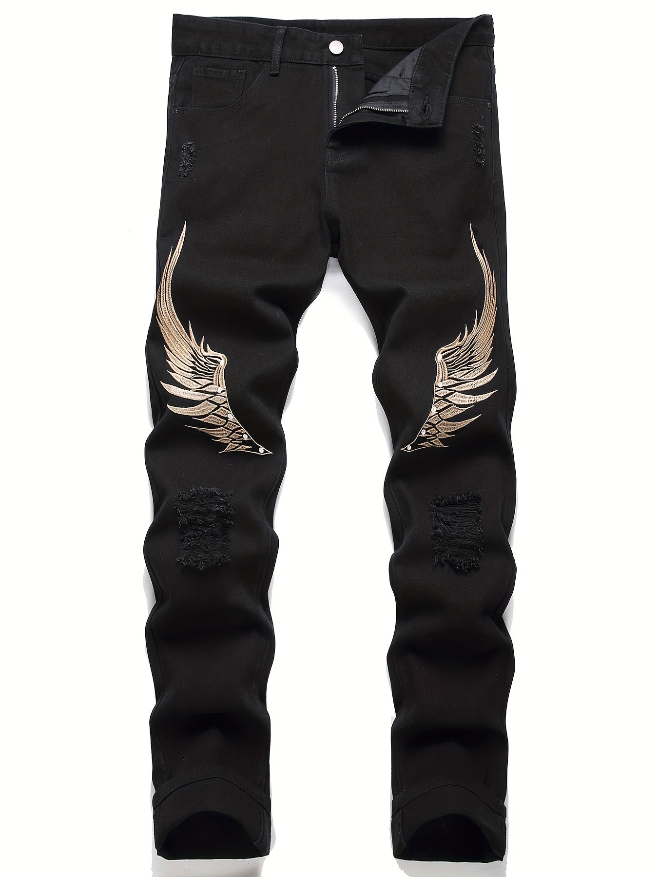 Men's Wing Embroidery Jeans Distressed Denim Pants