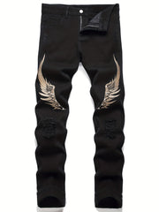 Men's Wing Embroidery Jeans Distressed Denim Pants