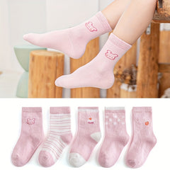 5 Pairs Pink Knee High Socks for Kids 1-12 Years