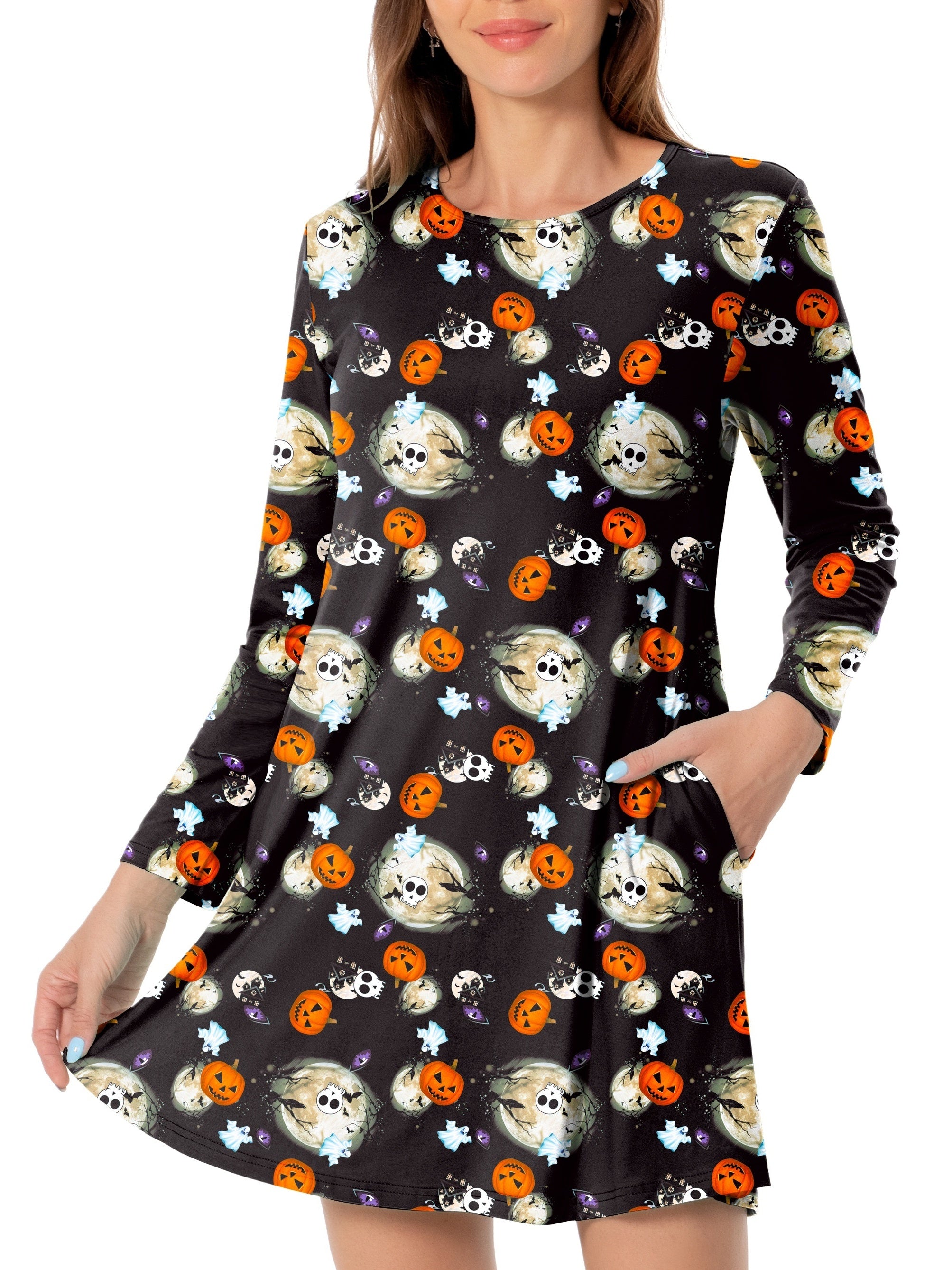 Bat Print Halloween Dress Long Sleeve Mini Dress Women's Clothing
