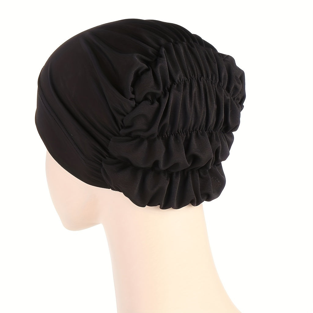 Ruched Elastic Turban Cap Solid Head Wraps Soft Elastic Hijab Hats Women