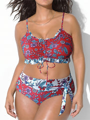 Floral Print Lace Up Ruffle Bikini Set