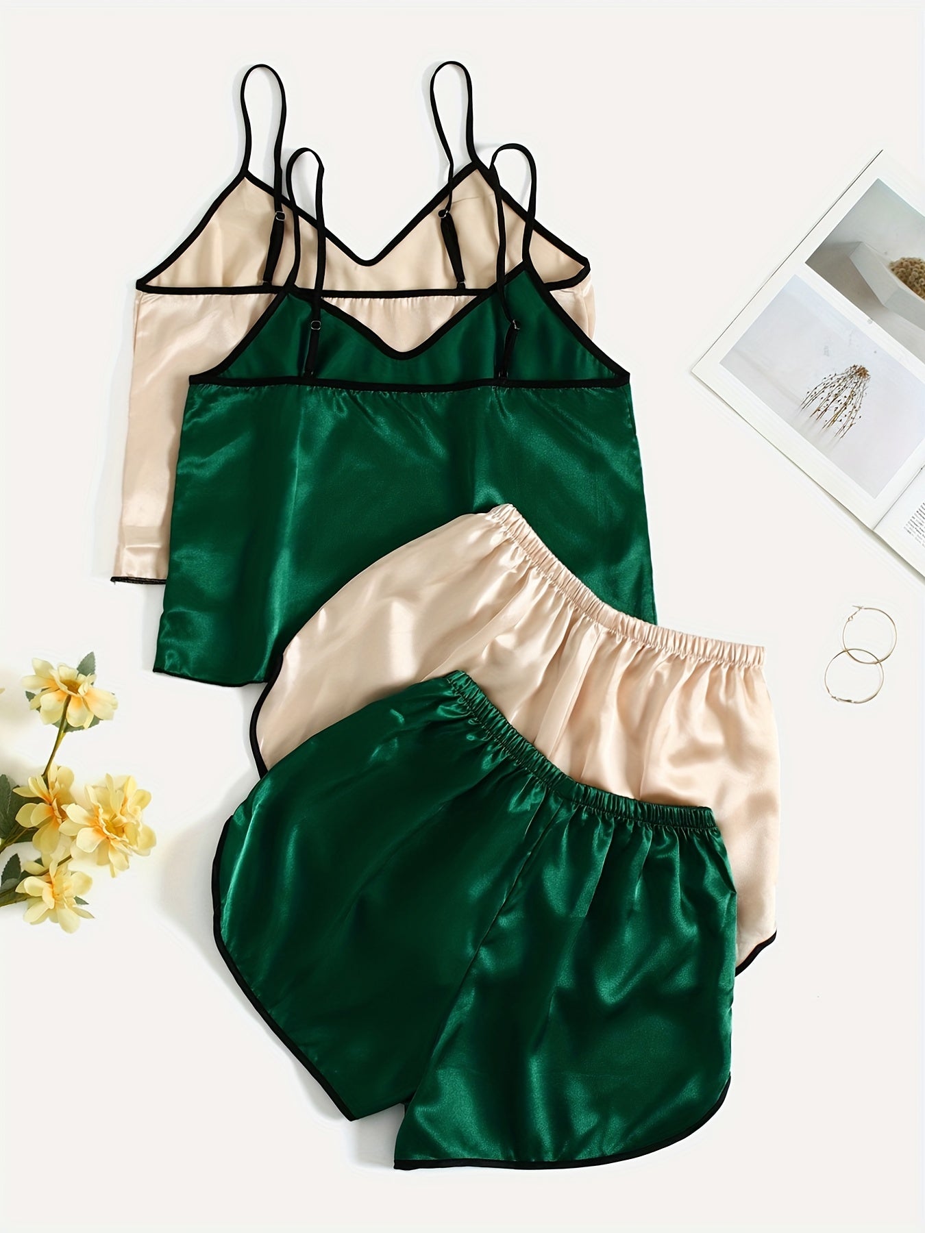 Solid Satin Pajama Set V Neck Cami Top & Shorts Women's Sleepwear