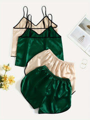 Solid Satin Pajama Set V Neck Cami Top & Shorts Women's Sleepwear