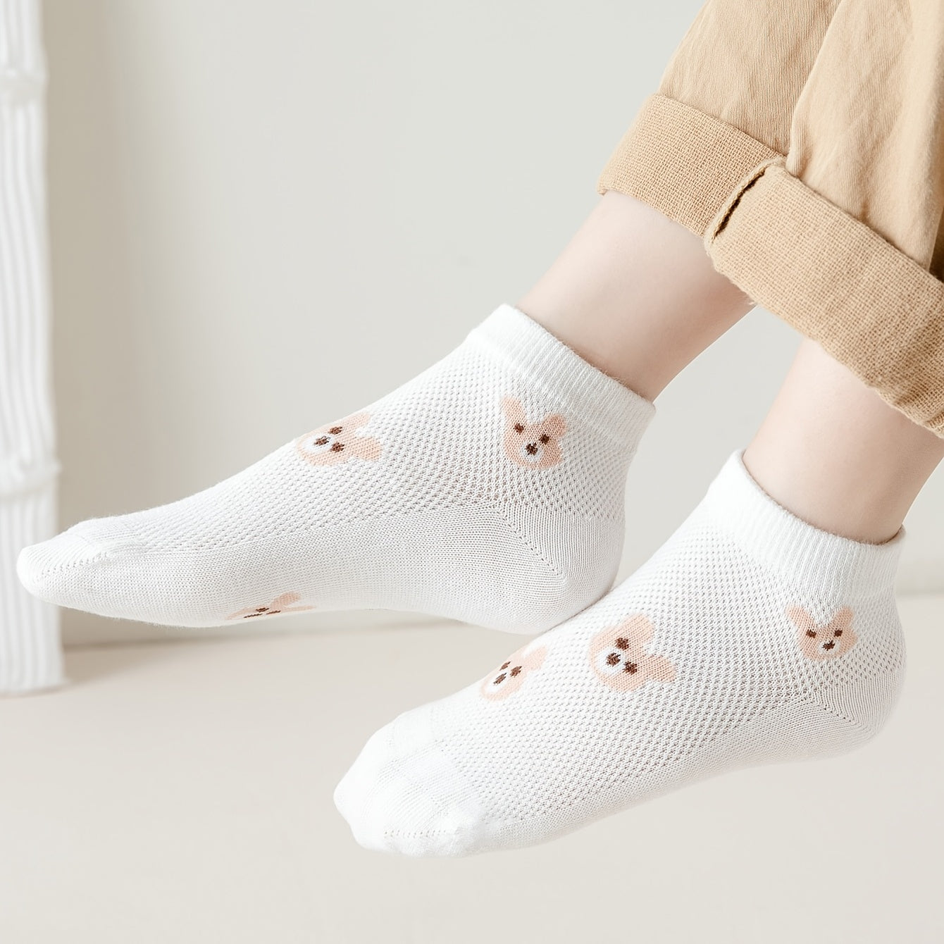 5 Pairs Kids Bear Print Ankle Socks for Girls and Boys