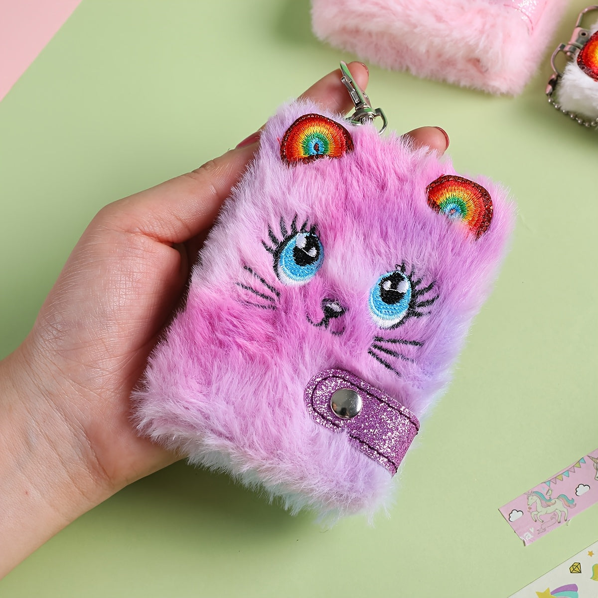 Plush Cat Diary Keychain Notebook - Turmeric Light Purple Pink