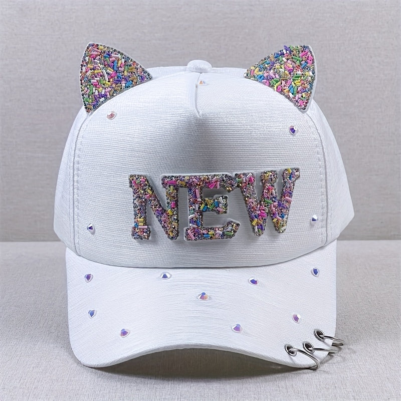 Y2K Baseball Cap Rhinestone Glitter Cat Ears Patch Dad Hats Kpop Sun Hat