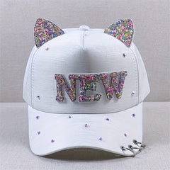 Y2K Baseball Cap Rhinestone Glitter Cat Ears Patch Dad Hats Kpop Sun Hat