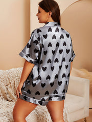 Heart Print Satin Pajama Set Short Sleeve Shirt & Shorts