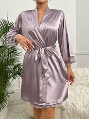 Satin Pajama Set & Robe Nightwear Lace Trim Long Sleeve